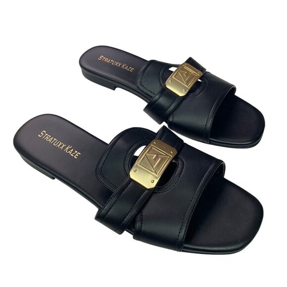 Stratuxx Kaze Womens Size 7 Black Gold Sandal Flats Square Open Toe Shoes - Picture 1 of 5